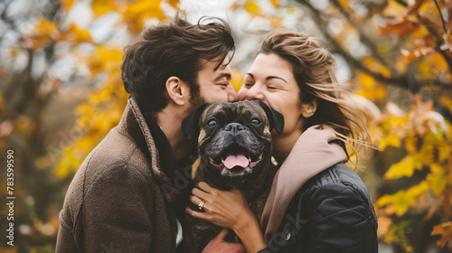 Young couple in love with a dog in an autumn park. The concept of a happy family.