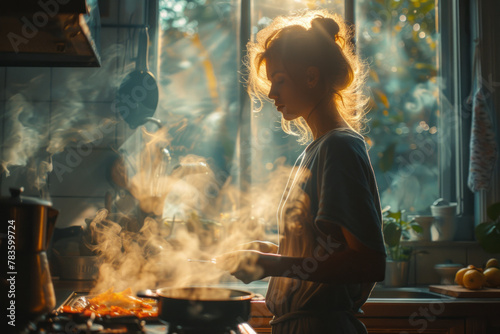 A woman preparing breakfast in her kitchen, where the aroma of the coffee and sizzling bacon visuall