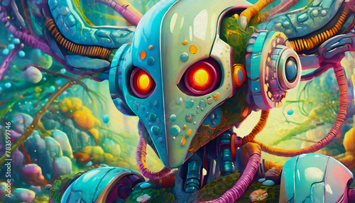 oil painting style cartoon character A robot android with nature and metallic exterior that has bright red glowing eyes