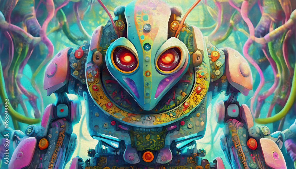 oil painting style cartoon character A robot android with nature and metallic exterior that has bright red glowing eyes