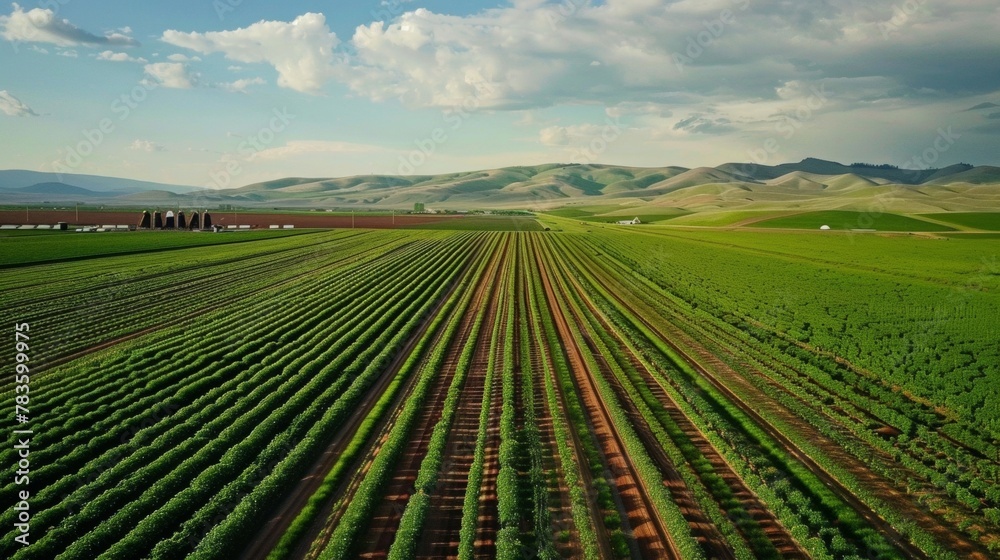 A drones aerial view captures a vast landscape of farmland where s of irrigation equipment can be seen powered by biofuels. The image showcases the widespread adoption of sustainable .