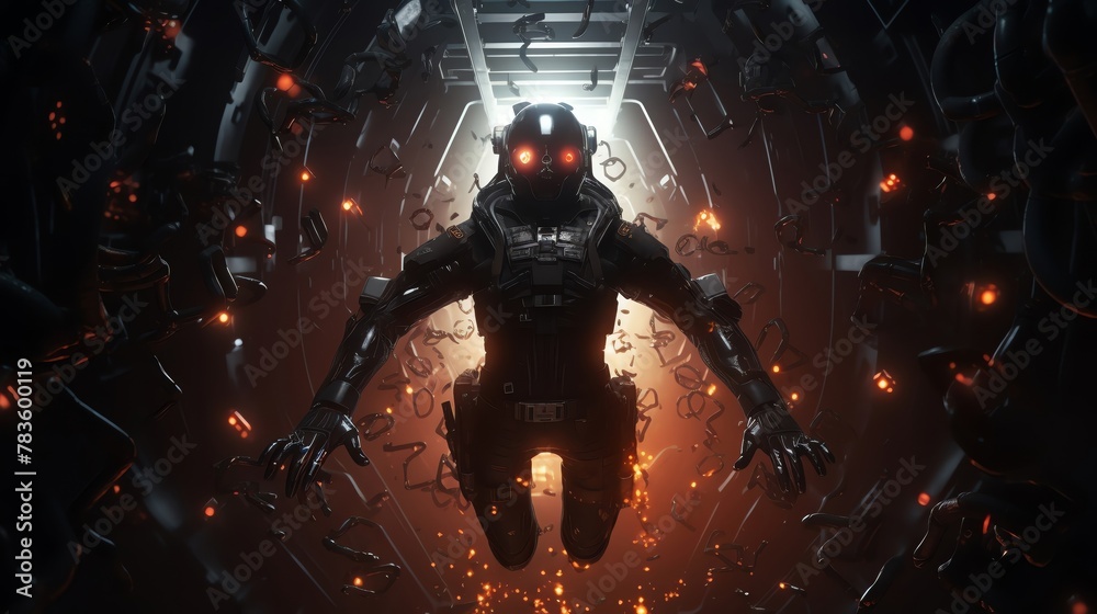 Craft a suspenseful image of a hi-tech robotic suit exploring a haunted ...