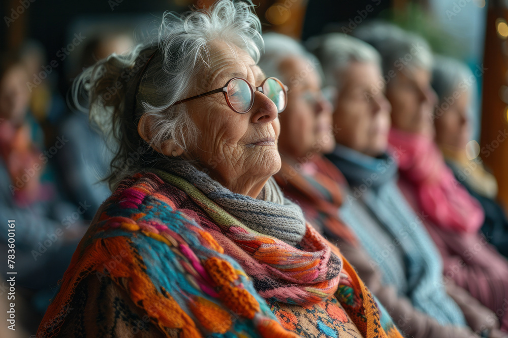 An image of a group therapy session for seniors, where each participant's spoken feelings manifest a