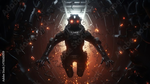 Craft a suspenseful image of a hi-tech robotic suit exploring a haunted spaceship, blending elements of horror and technological advancement in a sinister vector art format.