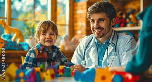 A smiling doctor conducting a thorough examination of a young child. generative ai illustration.