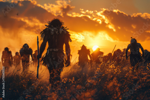 Homo Erectus Hunt: An intense scene depicting a group of Homo erectus on a hunt, using primitive spe photo