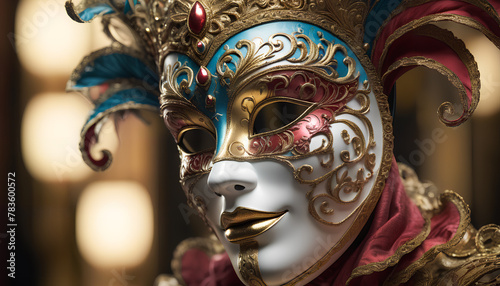 Carnival masks adorned with gold and gemstones. Generative AI.