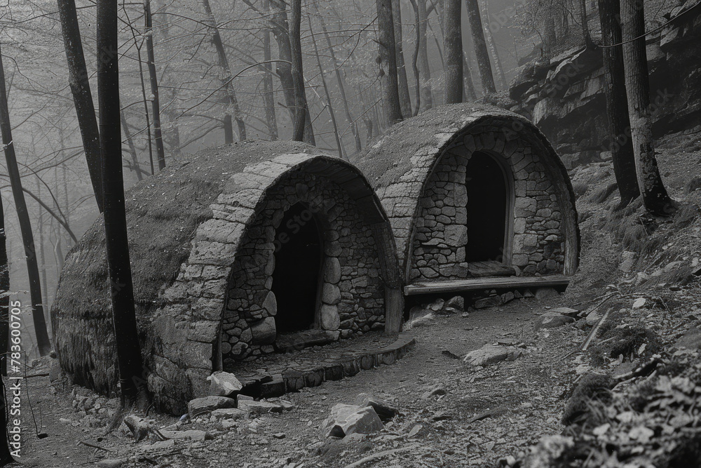 Shelter Construction: Homo heidelbergensis building sturdy shelters from wood and stone, suitable fo Shelter Construction: Homo heidelbergensis building sturdy shelters from wood and stone, suitable fo