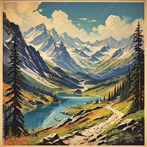 Vintage travel poster of a scenic mountain landscape with hiking trails and alpine lakes.