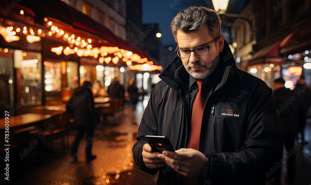 Man in Red Tie Looking at Cell Phone Man in Red Tie Looking at Cell Phone