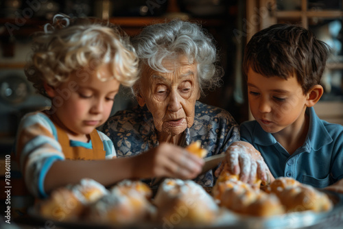 A grandmother teaching her grandchildren to bake, the kitchen filled with the magic of flavors that