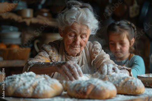 A grandmother teaching her grandchildren to make traditional bread in her cozy kitchen, flour dustin photo