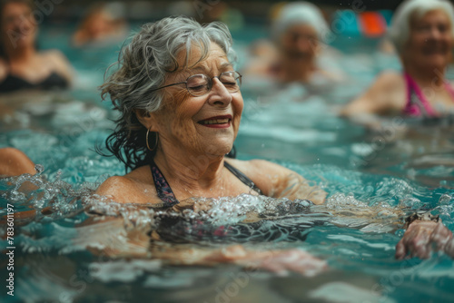 A group of senior women doing water aerobics in a community pool, each movement causing colorful rip © Natalia