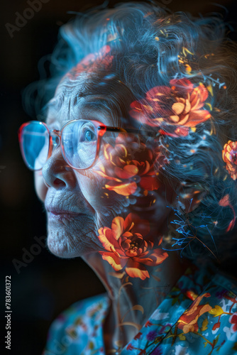 A photograph of an elderly woman in a technology class, her face lit by the glow of a computer scree