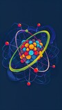 A vibrant illustration of an atom, showcasing its typical subatomic structure and energy flow levels with colorful molecules inside The dark blue background creates contrast against the bright colors