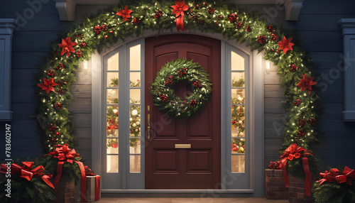 Holiday decorations on the doors. Generative AI.