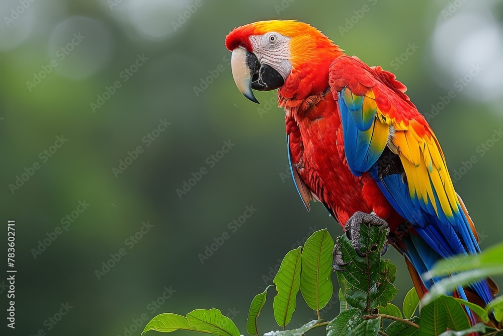 Obraz premium Depicting a macaw parrot perched on a branch, this image captures the beauty of wildlife in a serene green environment