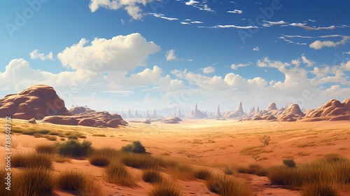 A textured desert landscape  with sand dunes sculpted by the wind and occasional desert vegetation dotting the scene