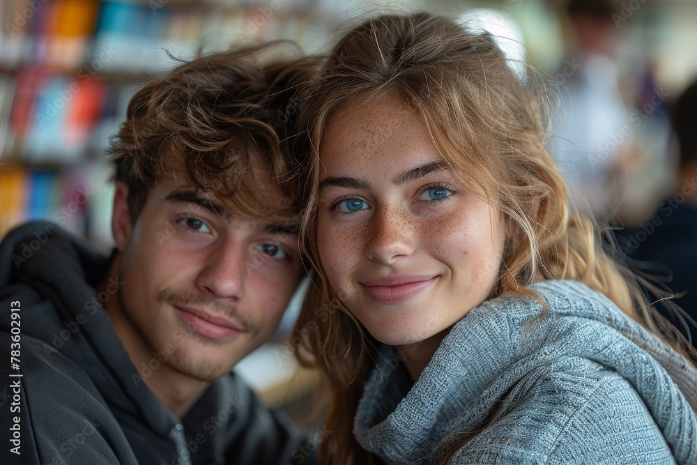 A close-up of a smiling young couple in a cozy library environment, conveying warmth and connection A close-up of a smiling young couple in a cozy library environment, conveying warmth and connection
