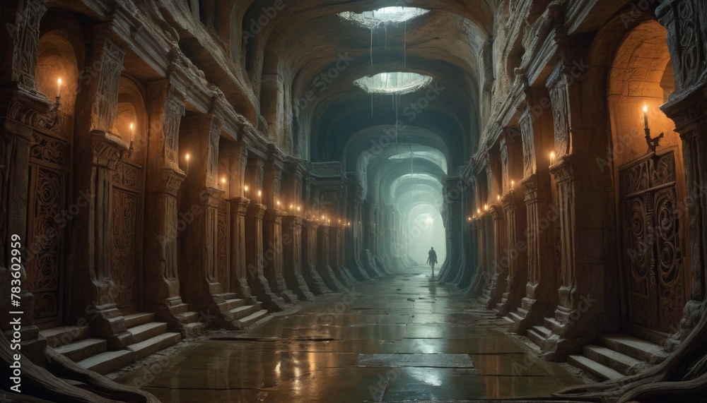 Obraz premium Solitary figure walks through an ancient, candle-lit hall, evoking a sense of historical grandeur and solitude.. AI Generation