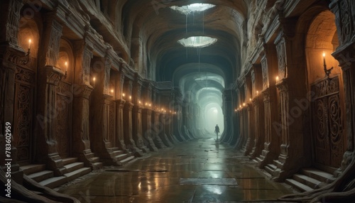 Solitary figure walks through an ancient, candle-lit hall, evoking a sense of historical grandeur and solitude.. AI Generation