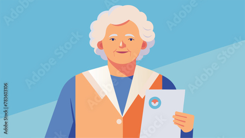 A watercolor painting of an elderly woman proudly wearing an I Voted sticker and holding a sign that declares Pensioners for Progress.
