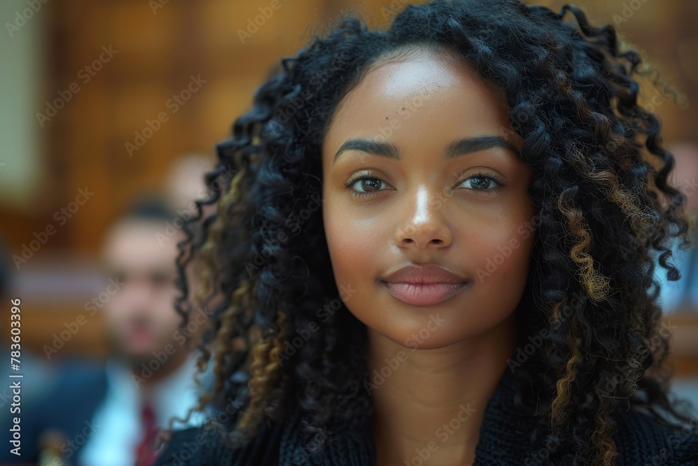 Fototapeta premium A young woman with beautiful curly hair and confident gaze stands in a formal setting Focus on facial beauty