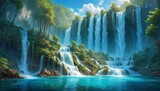 Serene oasis featuring multi-tiered waterfalls cascading into a crystal-clear blue lagoon surrounded by lush greenery and light filtering through the canopy.. AI Generation