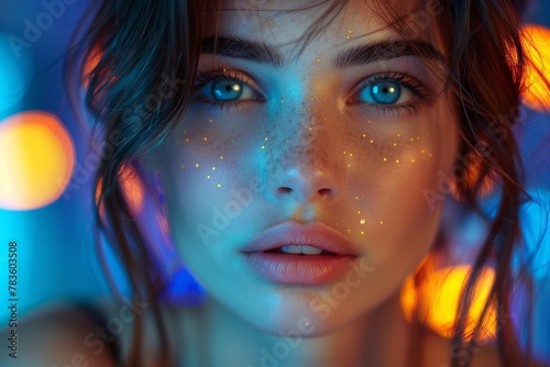 A futuristic look at beauty with starry makeup and neon lights, merging cosmopolitan nightlife with fantasy