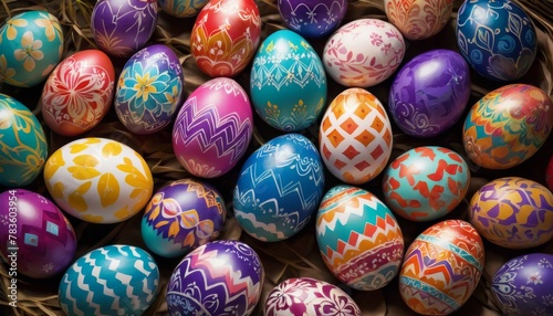 A vibrant collection of Easter eggs with diverse patterns and colors  symbolizing cultural diversity and the joy of springtime festivities. AI Generation