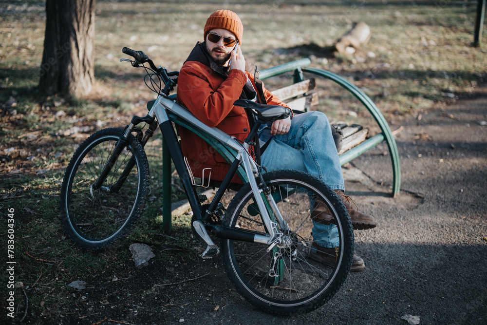 A relaxed young man in casual attire sits with his bicycle in a park, enjoying a serene moment in nature.