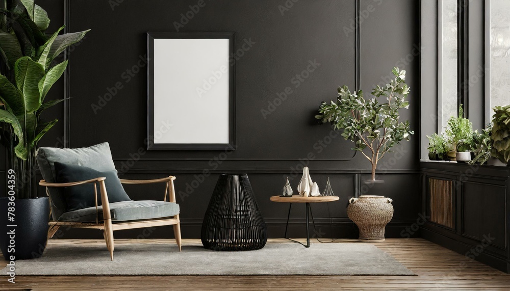 Urban Chic: Empty Dark Wall Transformed by Mockup Black Poster in Stylish Living Space Urban Chic: Empty Dark Wall Transformed by Mockup Black Poster in Stylish Living Space