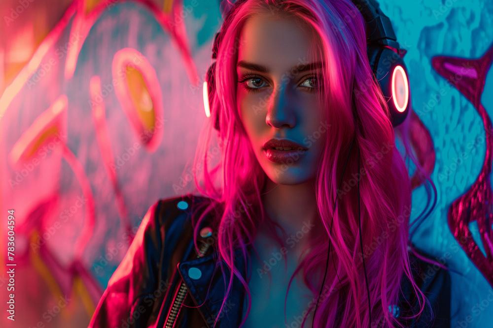 young woman with pink hair enjoying music on vintage headphones, neon light, graffiti on background