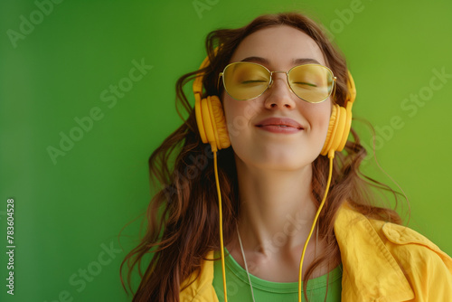 Stylish young woman enjoying music in vintage headphones on green background