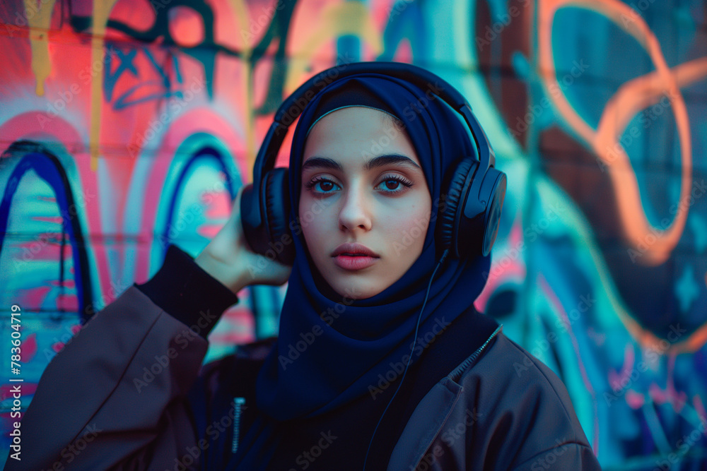 young Arab woman wearing hijab enjoying music on vintage headphones neon light, graffiti background young Arab woman wearing hijab enjoying music on vintage headphones neon light, graffiti background