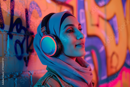 young Arab woman wearing hijab enjoying music on vintage headphones neon light, graffiti background