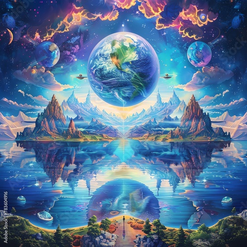 An aweinspiring illustration of Earth as it would appear in space, with surreal landscapes and vibrant colors The planet is centered at its center point, surrounded by floating islands and mountains r