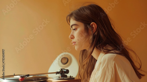 A beautiful girl puts a vinyl record on a turntable on a beige isolated background. photo