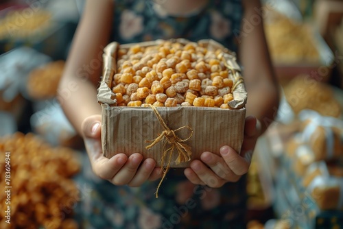 Close-up of a child's hands holding a small wooden crate filled with golden chickpeas at a market
