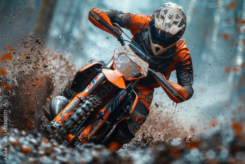 Captures the dynamic action of a motocross rider racing through a muddy track, splashing dirt photo