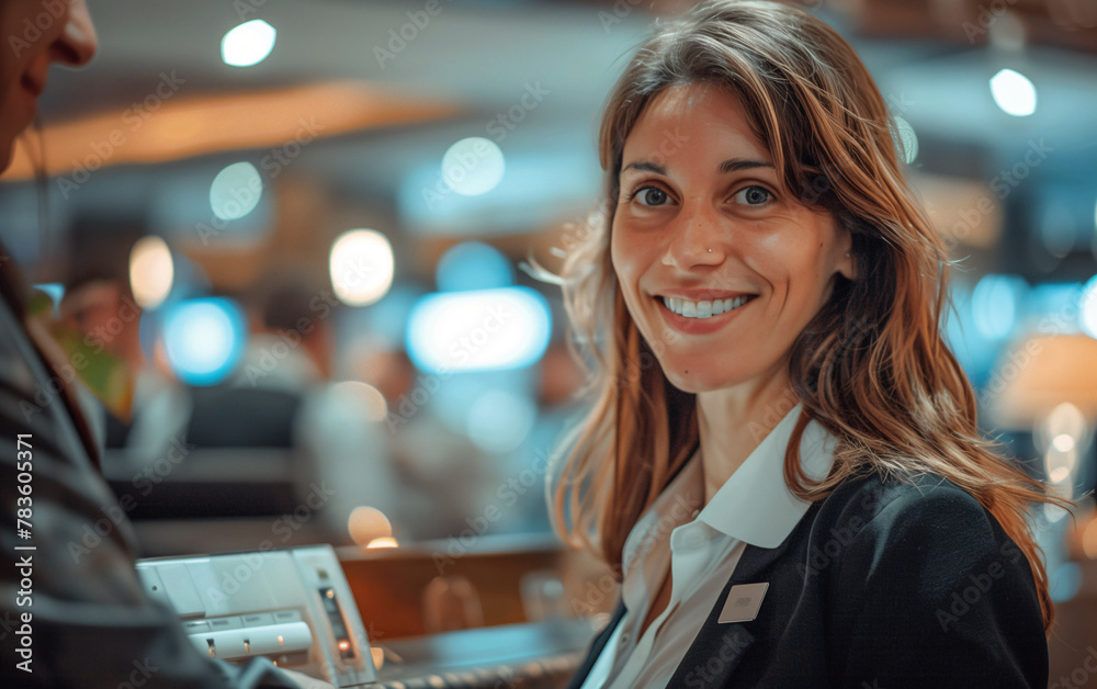 Smiling receptionist at the reception of an elegant and modern hotel, handing the room key to a customer