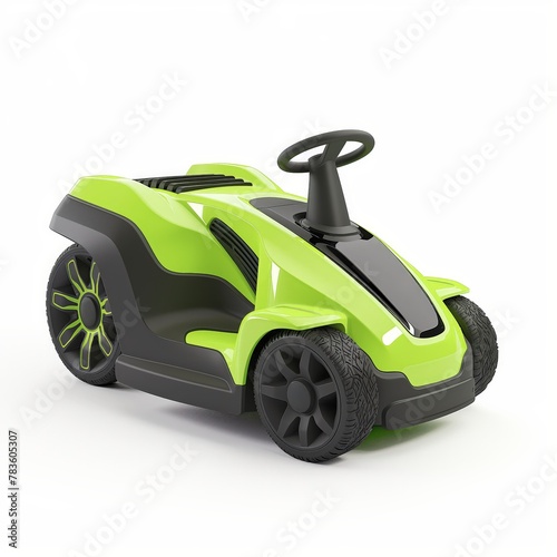 A vibrant green and black toy car with a steering wheel on a white background, symbolizing playtime and childhood imagination.