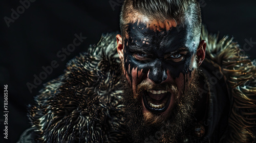 Portrait of a Viking warrior with black war paint, screaming with rage and anger on black background