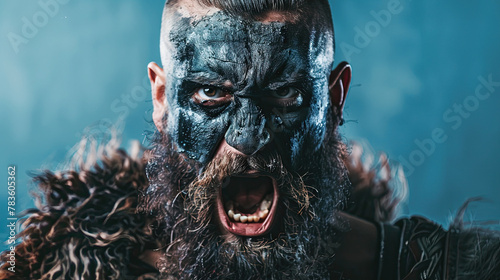 Portrait of a Viking warrior with black war paint, screaming with rage and anger on pastel blue background photo