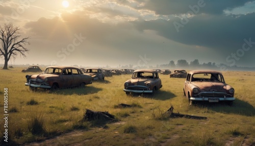 A field of vintage cars bathed in the golden light of sundown creates a scene of reflective nostalgia.. AI Generation