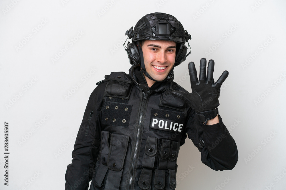 Fototapeta premium SWAT caucasian man isolated on white background counting five with fingers