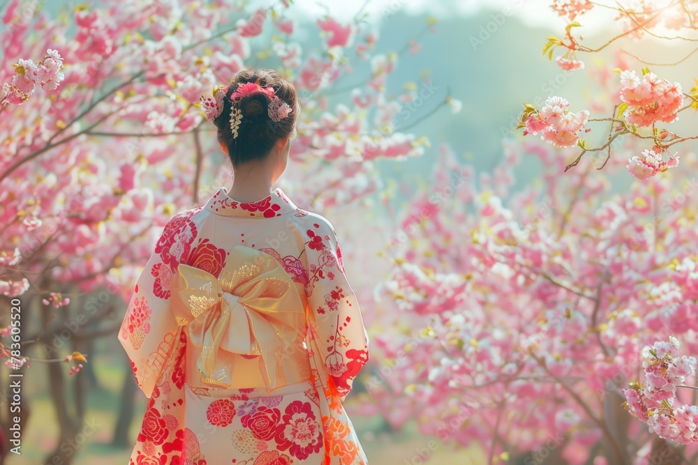 Beautiful Female wearing traditional Japanese kimono with cherry blossom in spring