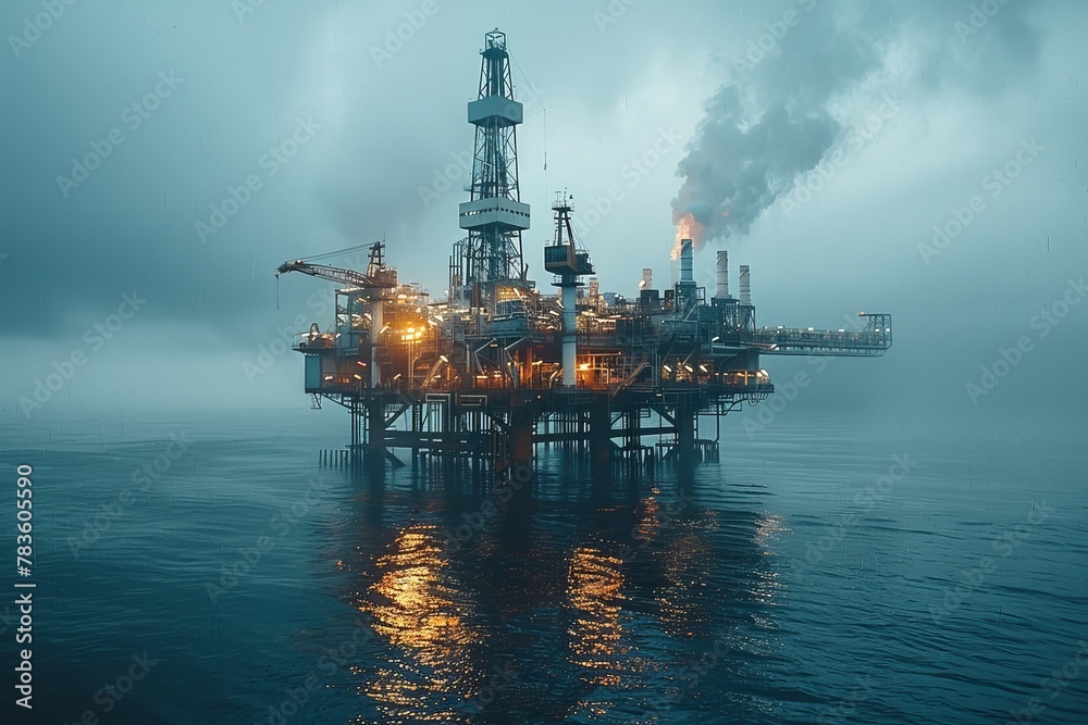 Majestic offshore oil drilling platform captured during a foggy twilight, smoke rising against the hazy sky