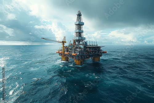 Dramatic oceanic view showcasing the formidable oil platform standing strong amidst dynamic water currents, signifying energy prowess © Larisa AI