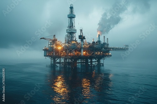 Majestic offshore oil drilling platform captured during a foggy twilight, smoke rising against the hazy sky © Larisa AI